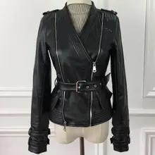 Дизайн pu кожаная мотоциклетная куртка женская на молнии с v-образным вырезом с длинными рукавами куртка
