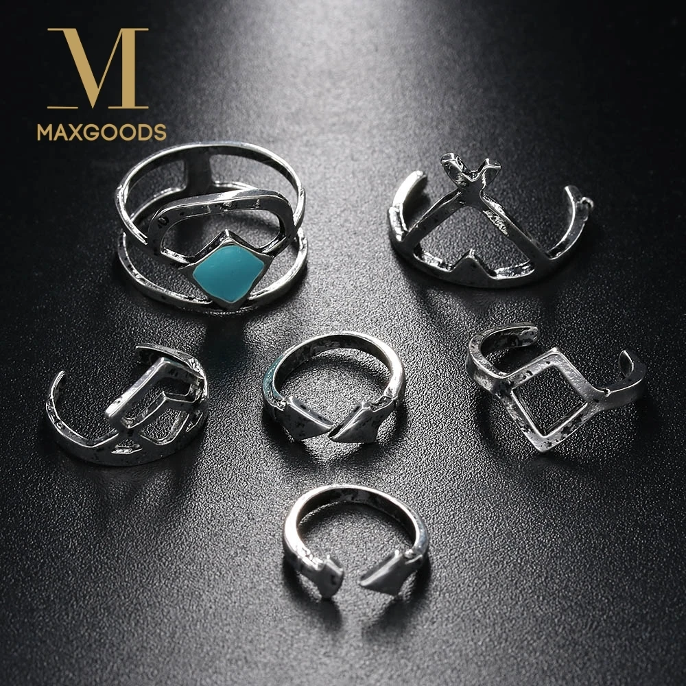 

6Pcs/set Fashion Ring Kit Vintage Bohemian Rings Tibetan Silver Geometry Arrow Knuckle Midi Rings for Women Jewelry