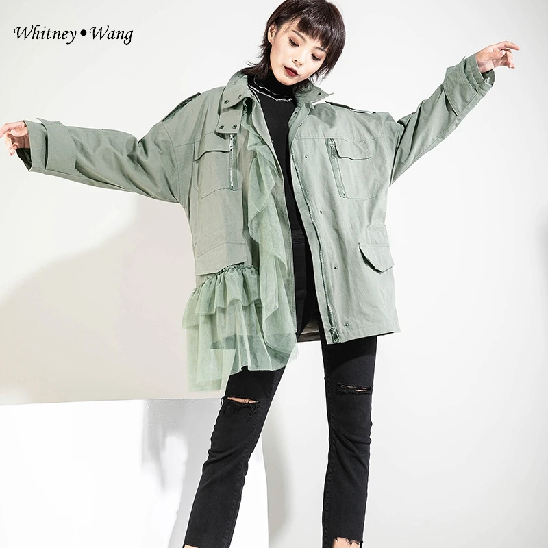 WHITNEY WANG 2019 демисезонный модная уличная оборками Асимметричный Тренч для женщин