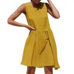 Лето с круглым вырезом без рукавов Высокое Короткое приталенное платье Для женщин без рукавов Высокая Талия Свободные Мини-платья