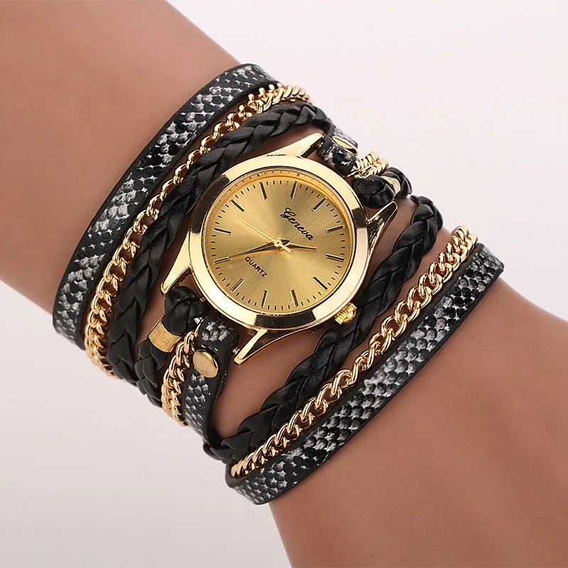 Новинка, хорошее качество, модные женские часы, люксовый бренд, женский браслет с леопардовым принтом, кварцевые плетеные наручные часы с обмоткой - Цвет: Черный