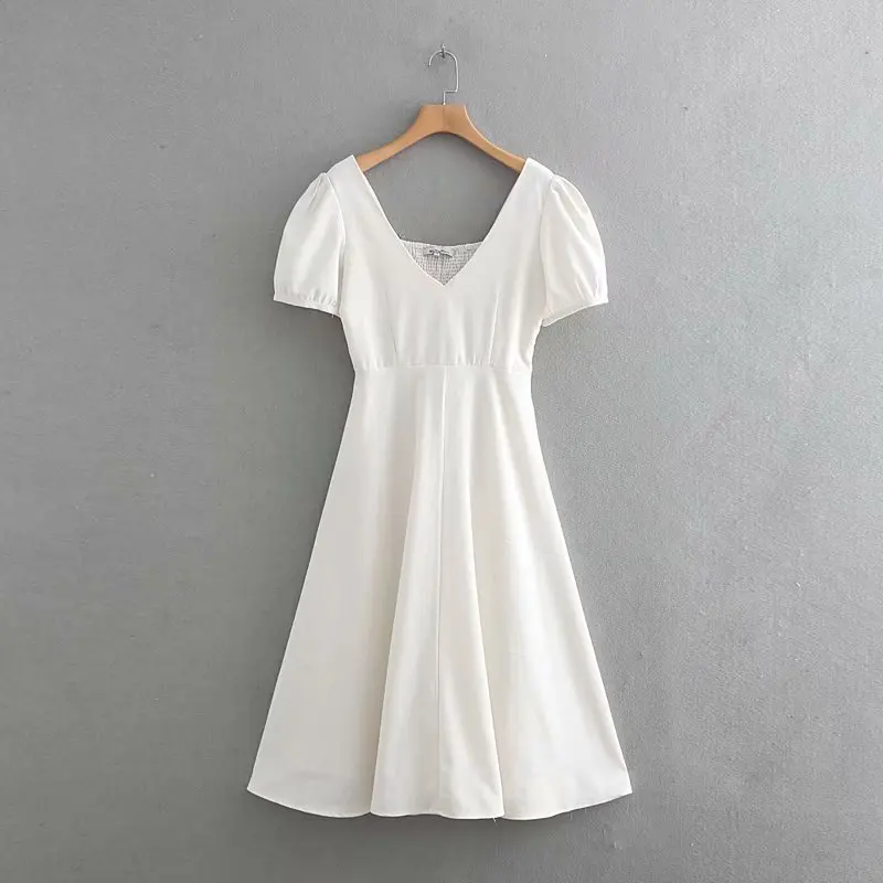

2019 new women sweet solid color puff sleeve vestidos v neck midi dress female short sleeve back elastic chic dresses DS1987