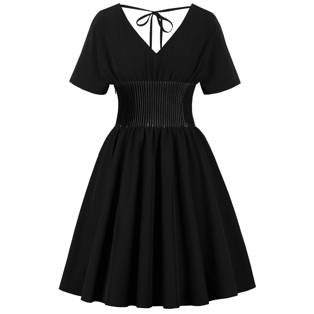 

Sovalro Audrey Hepburn 1950s Vintage Dress Women Solid Black A-Line Pin Up Dress V Neck Short Sleeves Ties Up Back Party Dress