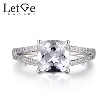 Leige Jewelry Natural White Topaz Solid 925 Silver Ring Cushion Cut Gemstone November Birthstone Promise Wedding Rings for Women
