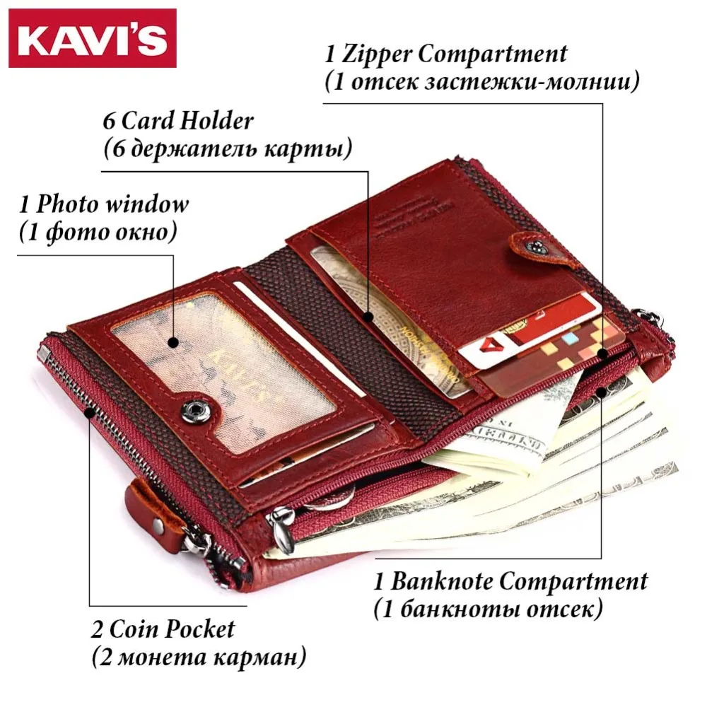 KAVIS 100% جلد طبيعي خمر صغيرة النساء محافظ الإناث إمرأة محفظة سستة تصميم مع محفظة نسائية للعملات المعدنية جيوب البسيطة Walet