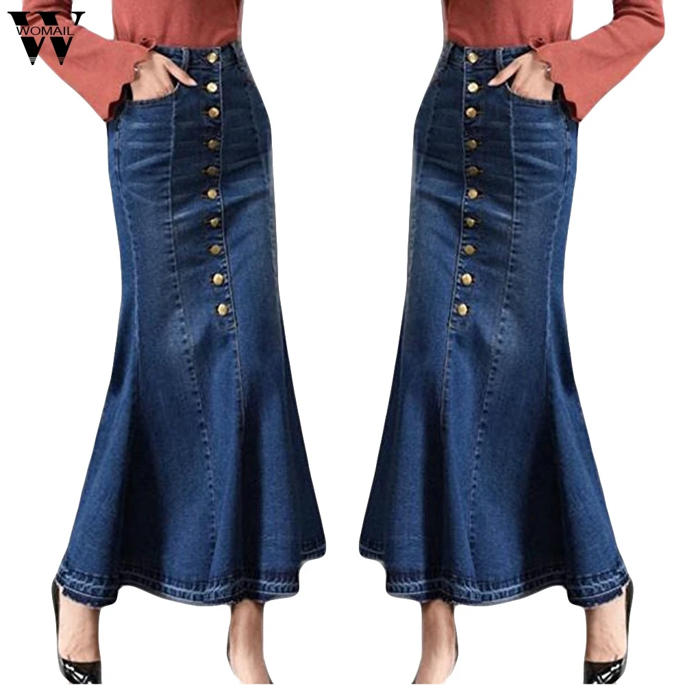 Womens Fashion Long High Waist Button Pocket Front Fishtail Denim Maxi