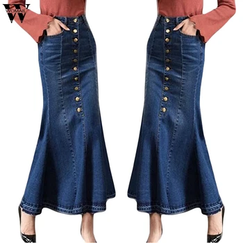 

Womens Fashion Long High Waist Button Pocket Front Fishtail Denim Maxi Skirts