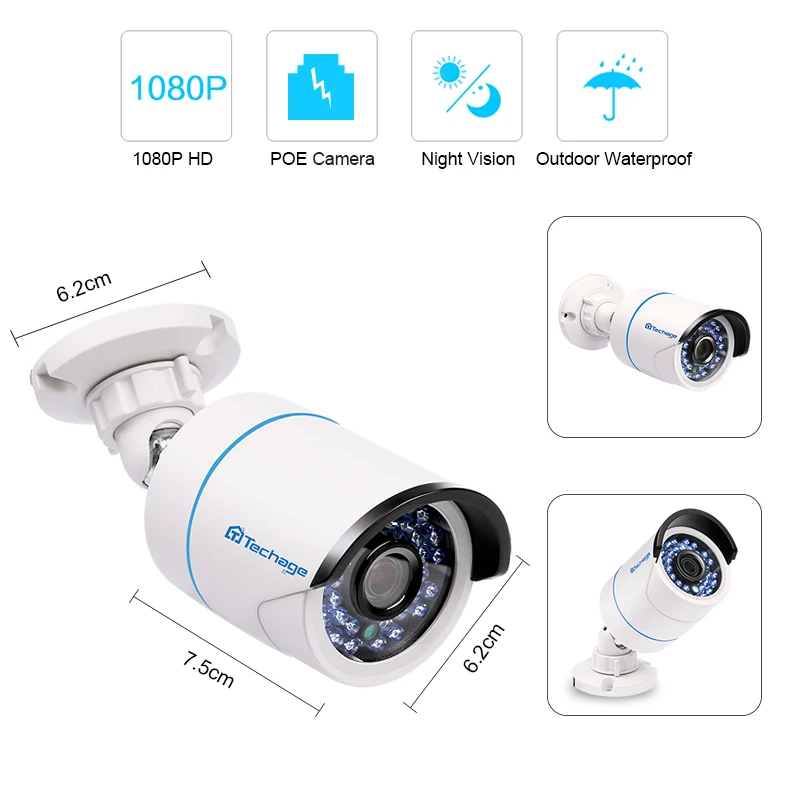 IP камера Techage 1080P POE 48 В 2 Мп наружная Водонепроницаемая Onvif аудио видеонаблюдения