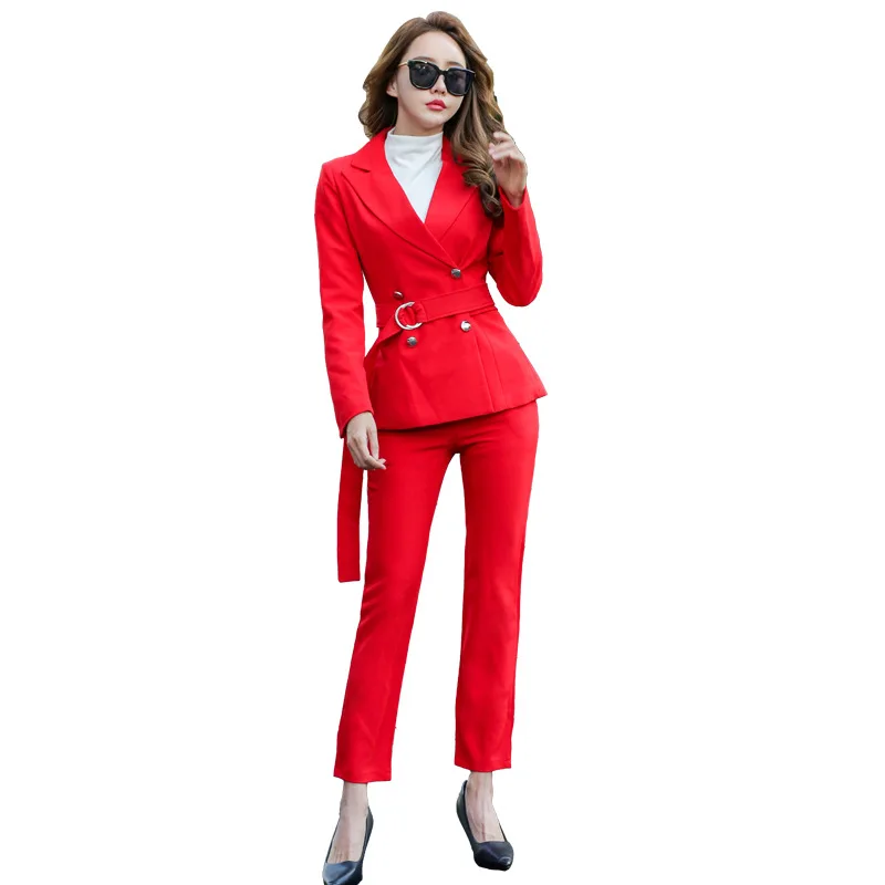 

Set female new temperament red long-sleeved fashion small suit jacket + slim suit trousers two-piece suit