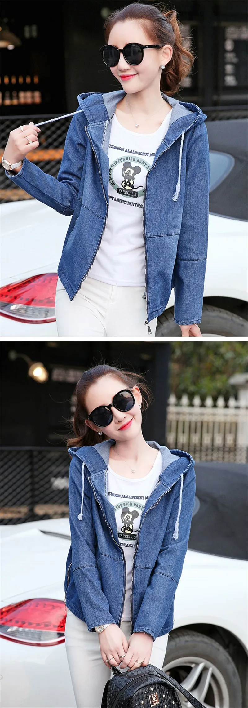 Новинка, женская джинсовая куртка, весна-осень, Корейская Свободная Повседневная Базовая куртка, Женская куртка на молнии с капюшоном, темно-синие джинсовые куртки, пальто A489