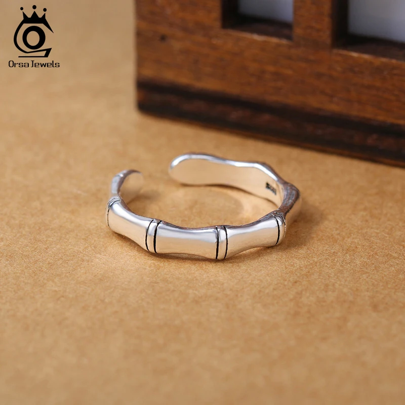 ORSA JEWELS 925 Sterling Silver Ring For Women Bamboo Bone Open Cuff Rings Resizable Wedding Engagement Fashion Jewelry PSR50