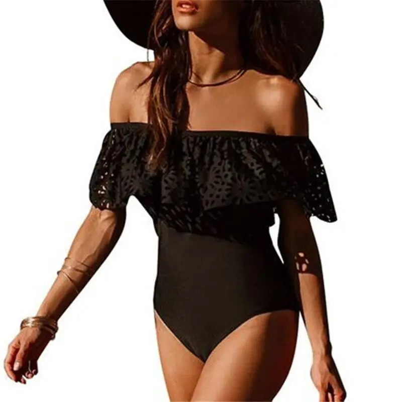 

New Sexy Off The Shoulder Black White Swimwear Women One Piece Swimsuit Female Bathing Suit Ruffle Monokini Swim Wear