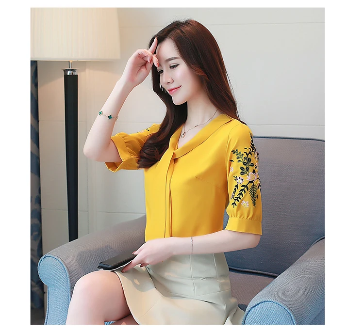 Модная шифоновая блузка офисные женские топы женская рубашка с коротким рукавом плюс размер летние женские топы вышивка одежда женская 0029 30