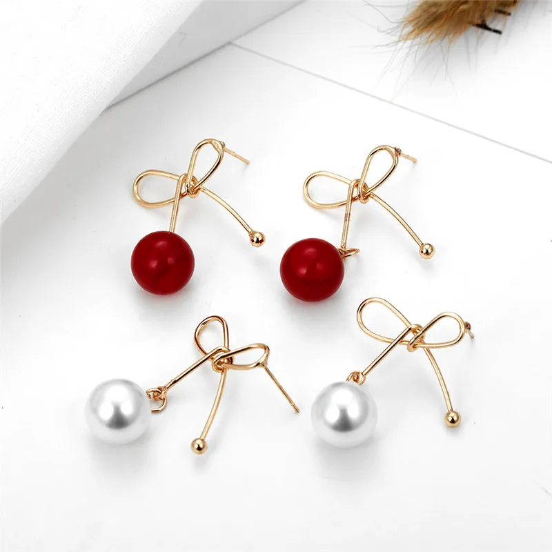 

2019 New Metal Gold Earrings Twisted Knot Red Imitation Pearl Beads Drop Earrings for Women Girl Party Gift Dropshipping