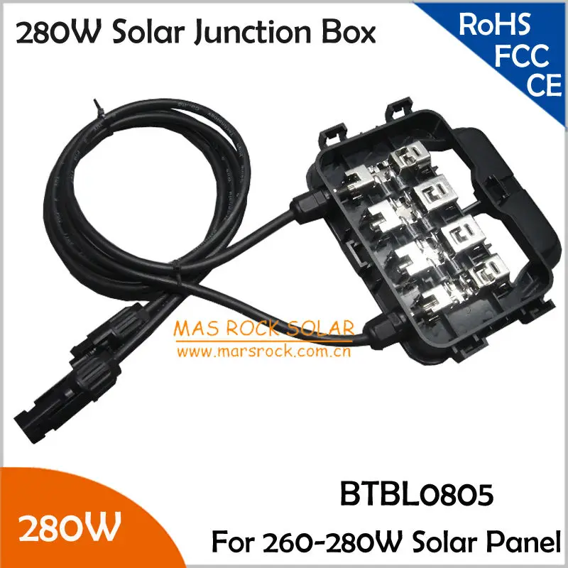 

260-280W High Power PV Junction Box with 6 Diodes (10SQ050), MC4 Connector, 90CM Cable, Metal Plugs, 2pcs/Lot 280W Terminal Box