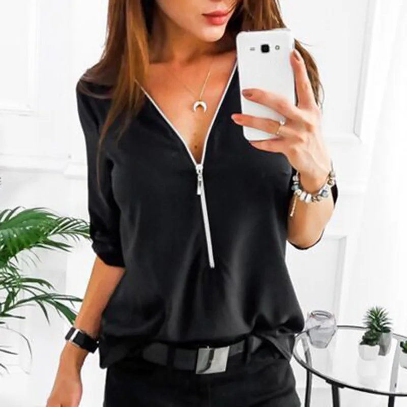 

Women Zip up V-Neck Long Roll Sleeve Tops T-Shirt for Summer IK88