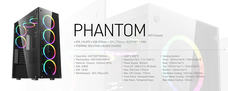 Aigo Phantom компьютерный игровой чехол ATX настольный компьютерный игровой чехол шасси окна из закаленного стекла с 6 шт 120 мм DR12 вентиляторы rgb