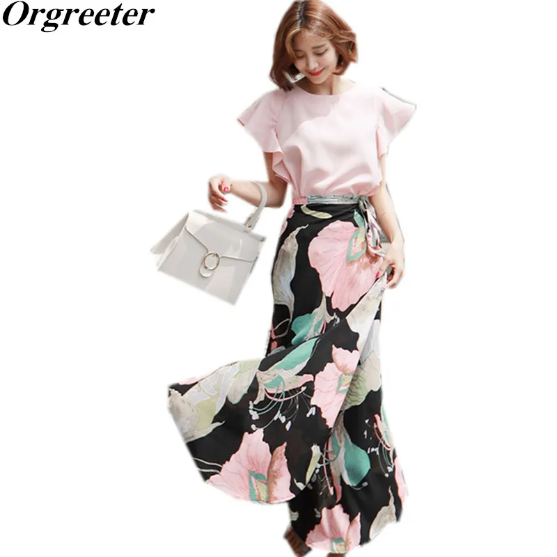 

Orgreeter Bohemia Beach Holiday Skirt Suits 2018 Summer Runway Fashion 2 Piece Set Pink Crop and Flower Print Long Skirt Set
