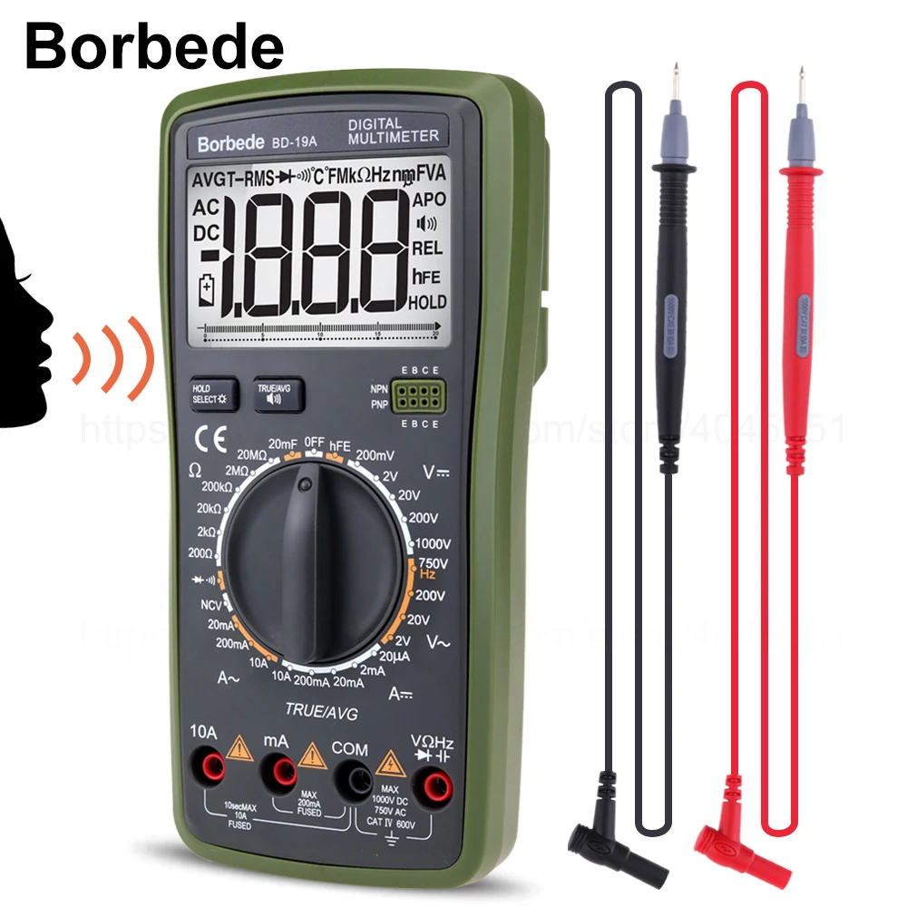 Borbede BD-19A цифровой мультиметр с голосовым значением DC/AC Напряжение Ток Сопротивление Емкость NCV True RMS диод тестер