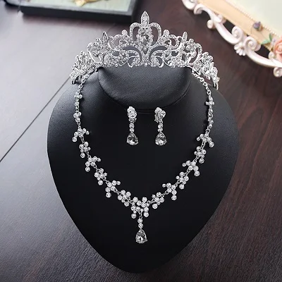 Bride Diaries New Design Crystal Pearl Bride 3pcs Set Necklace Earrings Tiara Bridal Wedding Jewelry Set Accessories (3)