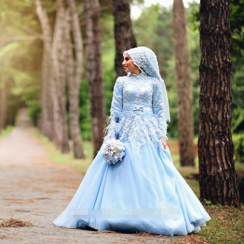 Light Sky Blue Muslim Wedding Dress Long Sleeve Modest Hijab Wedding 