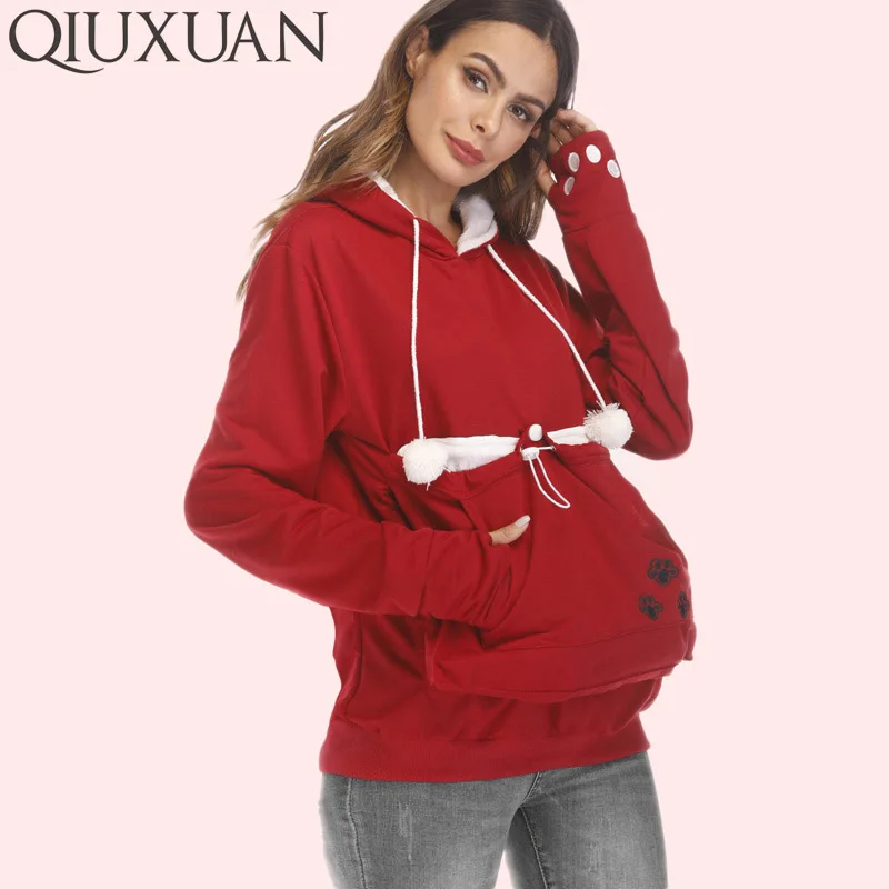 

QIUXUAN Plus Size Long Sleeve Embroidery Women Big Pocket Sweatshirts With Cuddle Pouch Dog / Cat Pet Hoodies Casual Pullovers