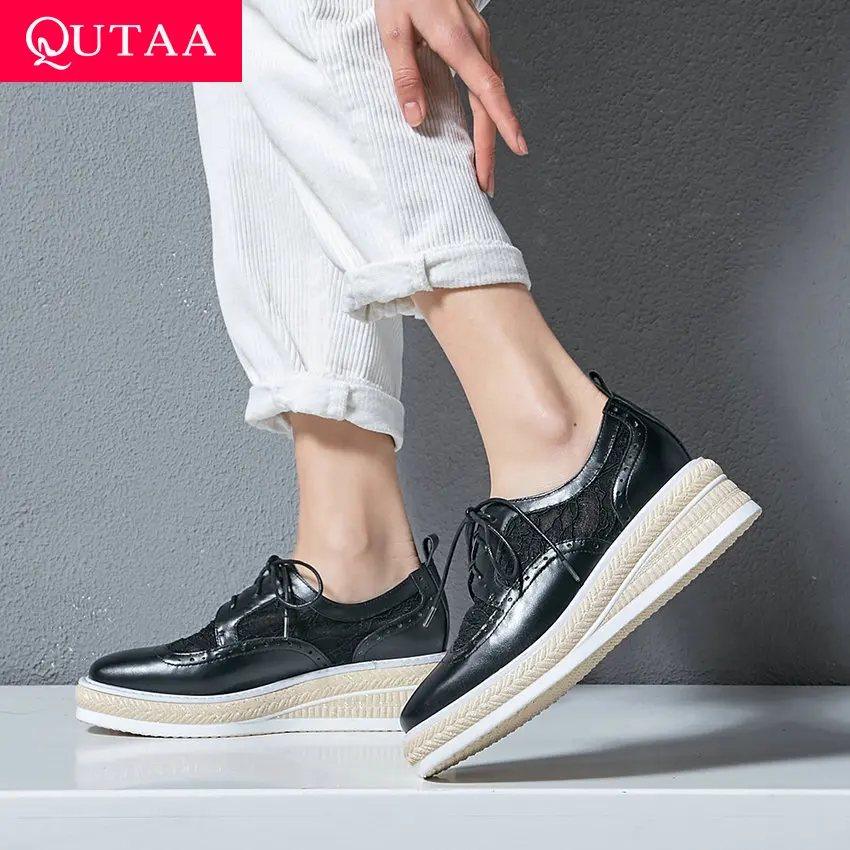 

QUTAA 2019 Women Pumps Cow Leather+Lace Wedges High Heel Cut Outs Round Toe Lace Up Thick Soled Shoes Platform 3.5cm Szie 34-42