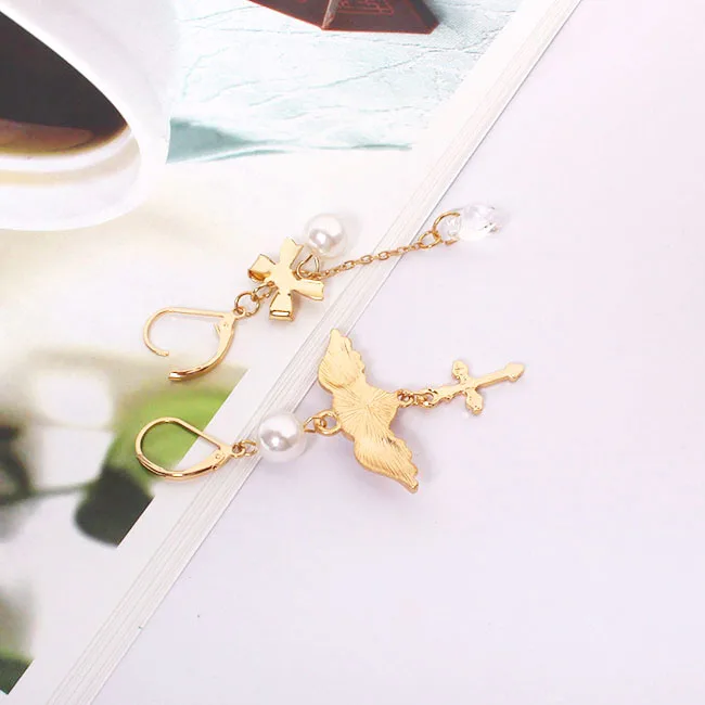 Factory Wholesale Japanese Angel Wings Heart Cross Crystal Earrings