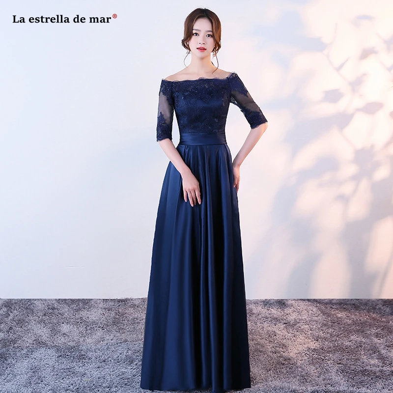

Robe demoiselle d'honneur2021 new lace satin Boat Neck Half sleeve A Line navy blue bridesmaid dress long vestido madrinha