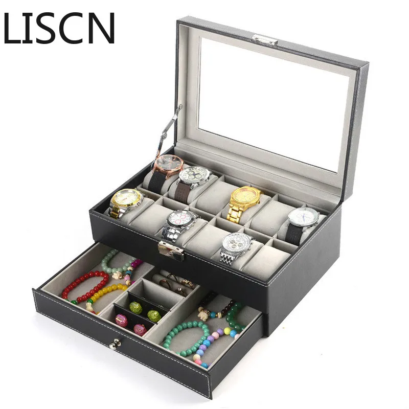 

Carbon Fiber 4/6/12 Grids Double Drawer Watch Box Storage Showing Watches Display Storage Box Case Jewelry Watch Collector Case