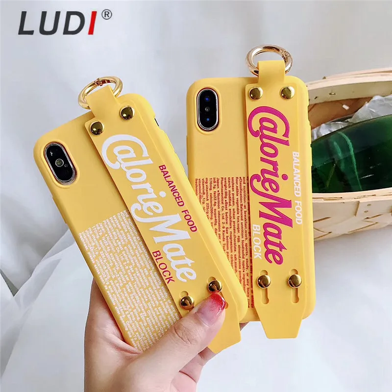 

LUDI Fashion Simple Wrist Blet Grip Strap Phone Case for iPhone 7/7plus/xr/xs Soft TPU Yellow Phone for iPhone X/max/6/6s/8Plus