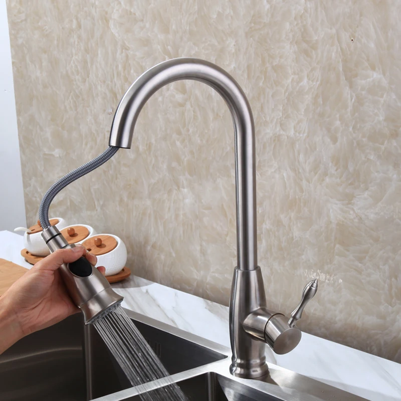 Pull out Spray Kitchen Faucet Mixer Tap Deck Mounted Sink Mixer Taps Single Handle Faucets 304 Stainless Steel Brushed Finish Pull out Spray Kitchen Faucet Mixer Tap Deck Mounted Sink Mixer Taps Single Handle Faucets 304 Stainless Steel Brushed Finish