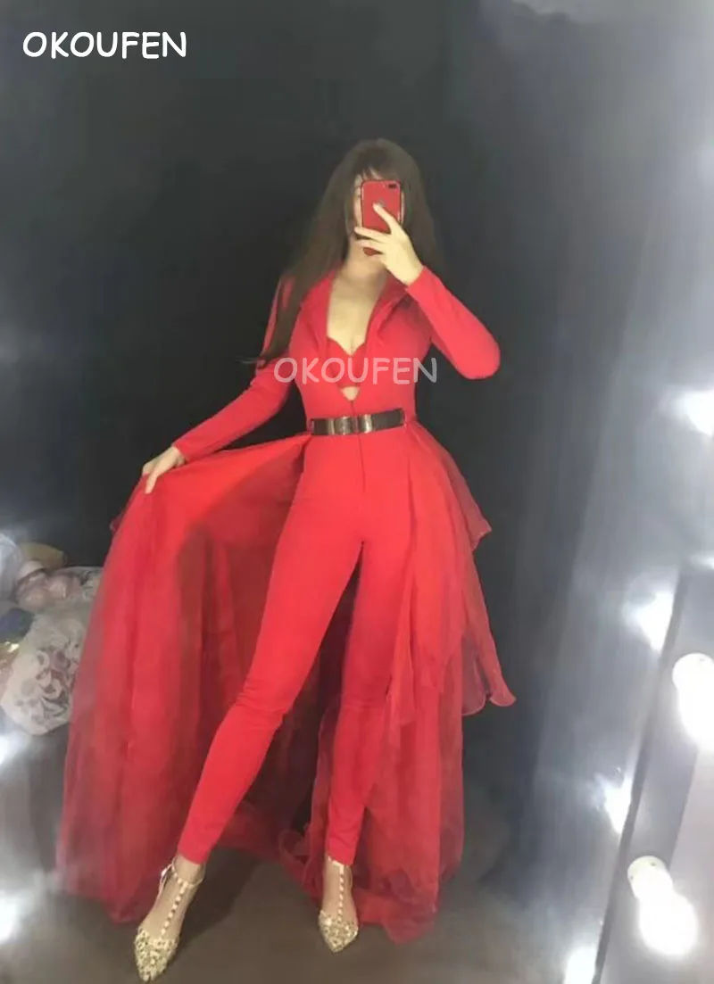 

Nightclub Female singer dj red high-elastic slim long one-piece suit detachable trailing adult performance stage clothing set