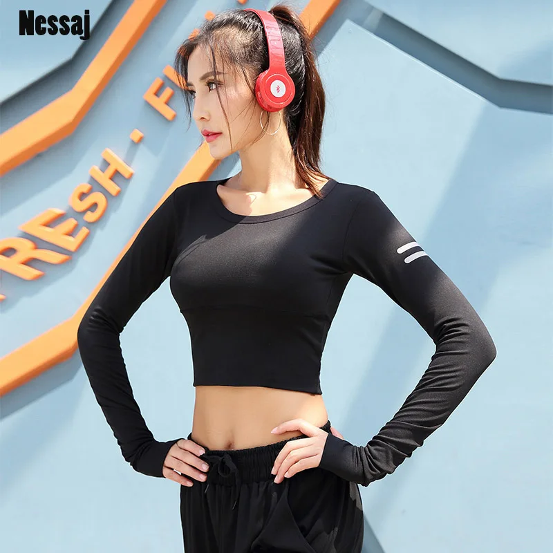

Nessaj 2019 Summer Long Sleeve Crop Tops Shirt Women Sexy Casual Slim Summer Korean Style Fitness Workout Black Crop Top