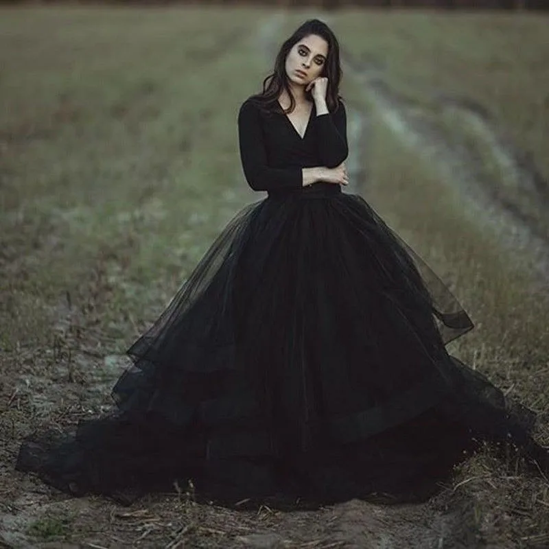black long sleeve wedding dress 2019 v neck bridal gowns ...