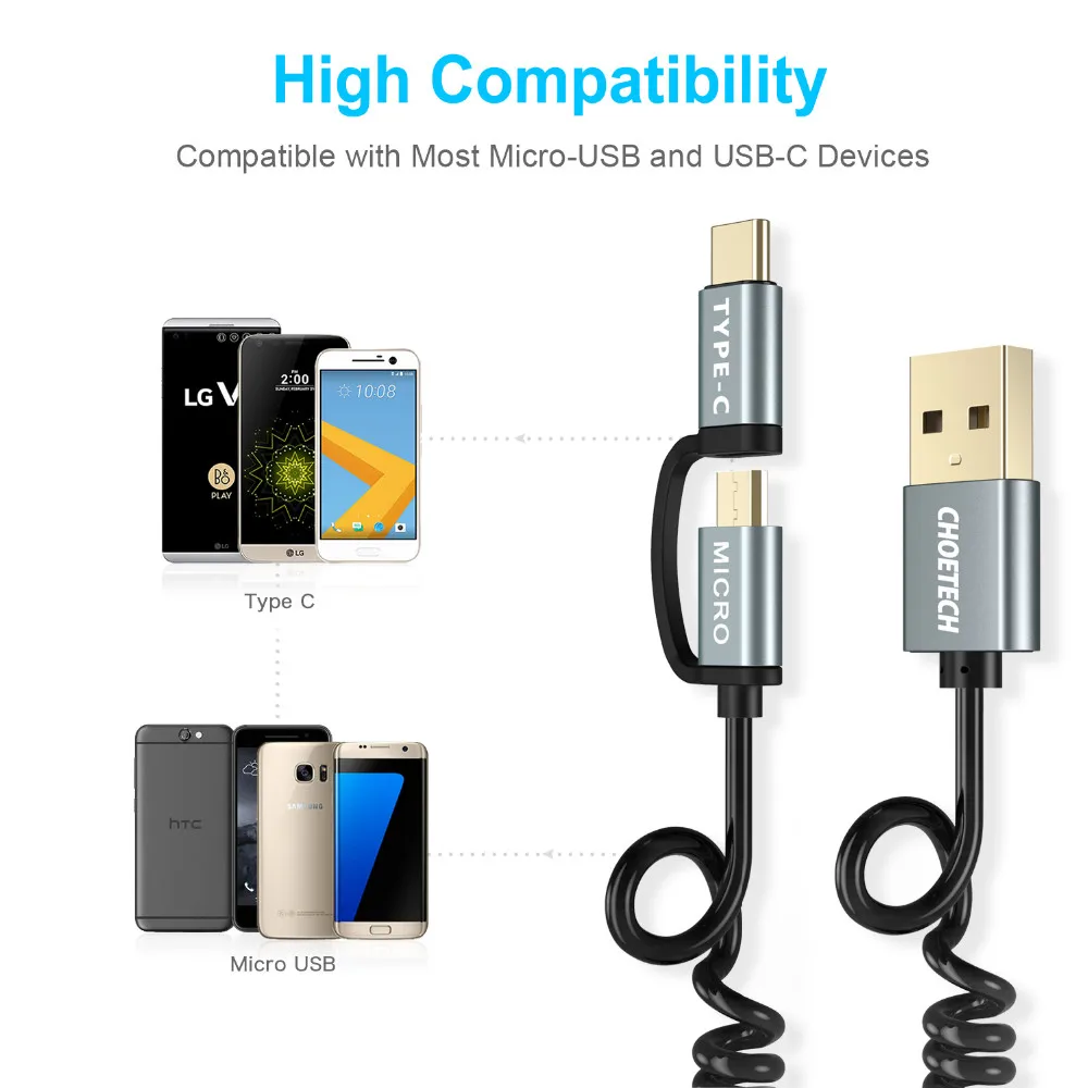 CHOETECH кабели для быстрой зарядки 2 в 1 кабель Micro USB+ кабель usb type C для samsung для Xiaomi для Nokia N1 кабели для мобильных телефонов