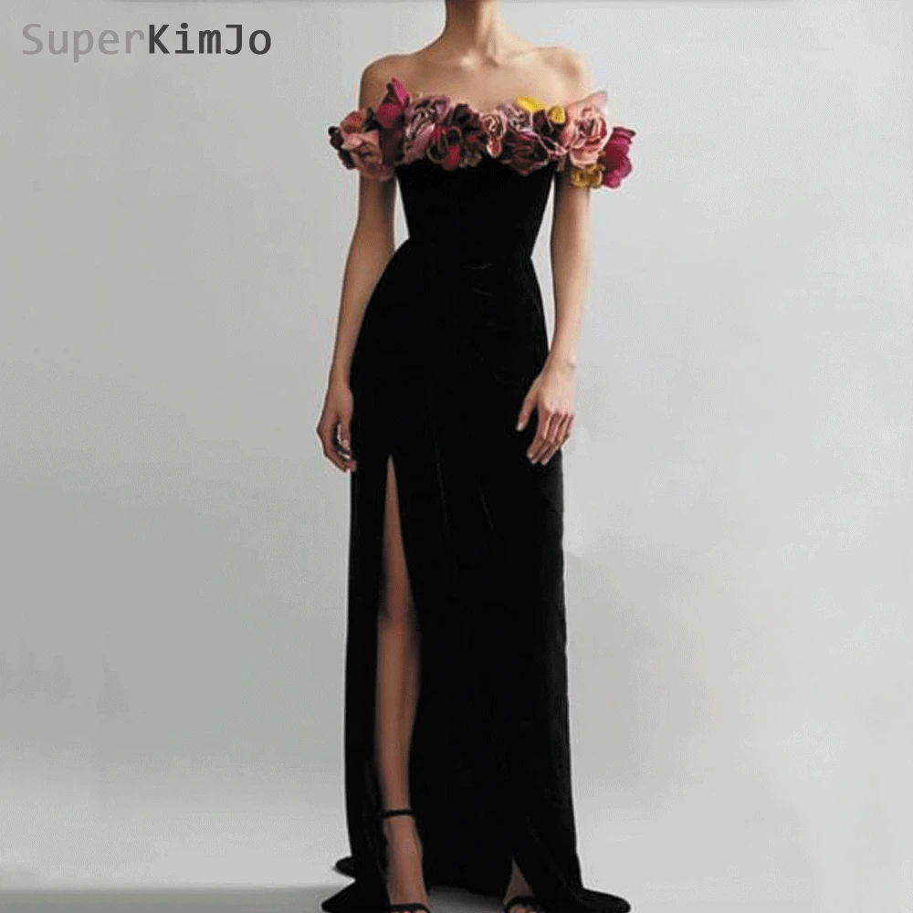 

SuperKimJo 2019 Abendkleider Handmade Flowers Mermaid Black Evening Dresses Long Off the Shoulder Formal Dress Vestido De Festa