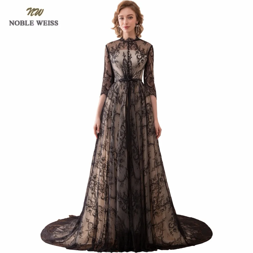 

NOBLE WEISS Sexy A-Line Evening Dresses With 3/4 Sleeves Black Lace Prom Gown Robe de Soiree 2019 Formal Special Occasion Gowns