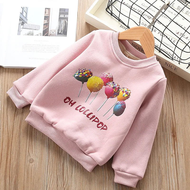 

Dulce Amor Kids Winter Hoodies Print Lollipop Sweatshirt With Velvet Thicken Boys Girls Children Pullover Cute Style Outfits
