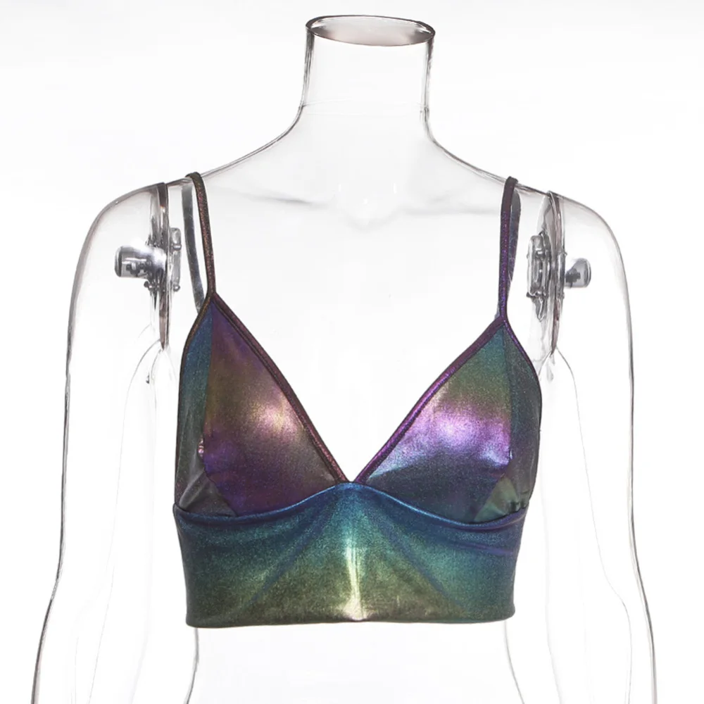 V Neck Sexy Holographic Bralette Crop Top Strap Reflective Fashion Camis Hot Summer Sleeveless Backless Tank Tops