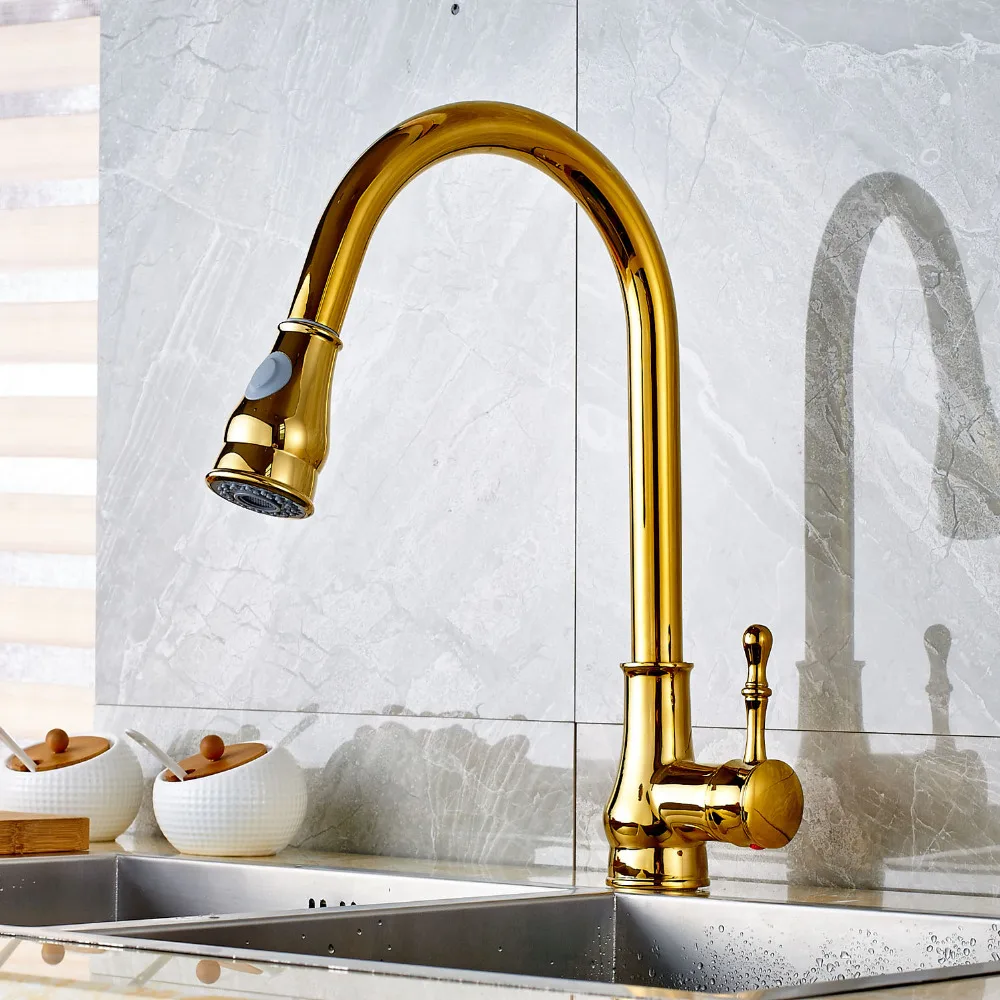 Luxury Gold Brass Finish Kitchen Sink Faucet Pull Out Sprayer Single Lever One Hole Mixer Faucet Deck Mount