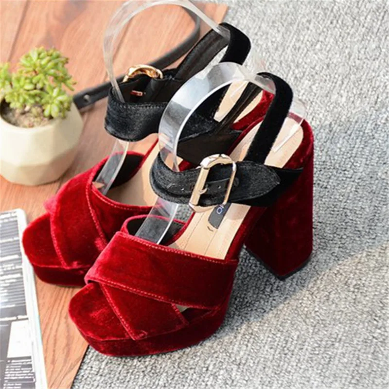 Hot Flock Shoes Women Summer Sweet High Heels Sandals PLatform Pumps Buckle Strap Shoes Green Red Black Sandalias Casual Party