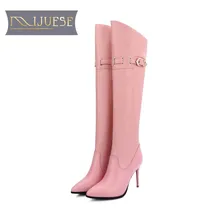 MLJUESE/; женские сапоги до колена из коровьей кожи; теплые зимние сапоги с острым носком; Короткие Плюшевые высокие сапоги розового цвета; размер 40