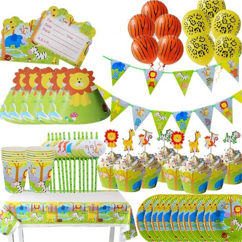 

Jungle Party Decoration Disposable Tableware Set Happy Birthday Bunting Kids Baby Shower Animal Balloons Safari Party Supplies