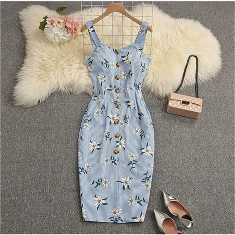 

2019 Summer Women Padded Tank Dress Single Breasted Middle Slit Ladies High Waist Step Dress Vocational Casual Dress C1060