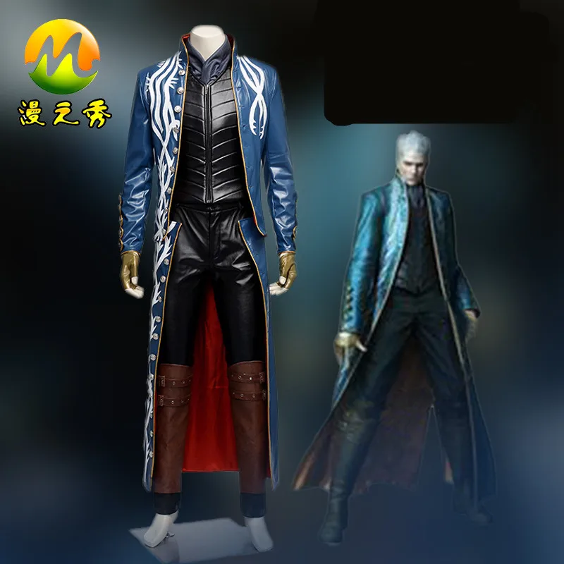 

Hot Game Devil May Cry III 3 Vergil Cosplay Costume for Adults Men and Women Halloween Party Men Leather Windbreaker