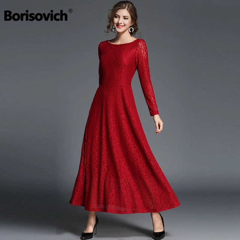 

Borisovich Women Casual Long Dress New Brand 2018 Autumn Fashion Big Swing Luxury Lace Elegant Ladies Evening Party Dresses M932