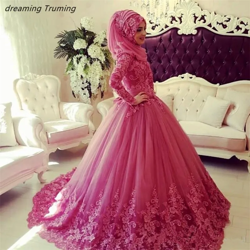 Арабский розовый мусульманское свадебное платье с хиджаб бальное платье принцессы аппликации кружево Исламская свадебное Свадебные