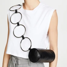 NEW Fashion Circular Litchi PU Leather handbag fashion Metal Ring shoulder bag Small Round tote bag women Mini circle Bag metal ring pu leather tote bag