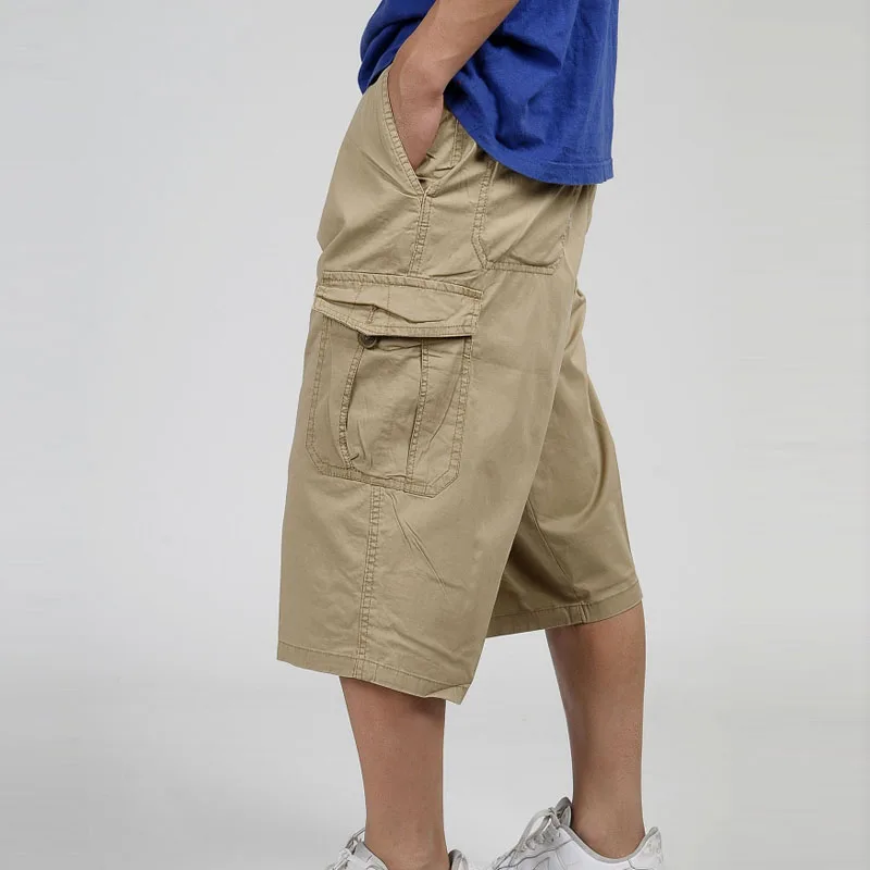 3/4 мужские летние мешковатые брюки карго из хлопка длиной до середины икры размера плюс, повседневные брюки, мужские большие свободные большие размеры 4XL 5XL 6XL, черные - Цвет: Цвет: желтый